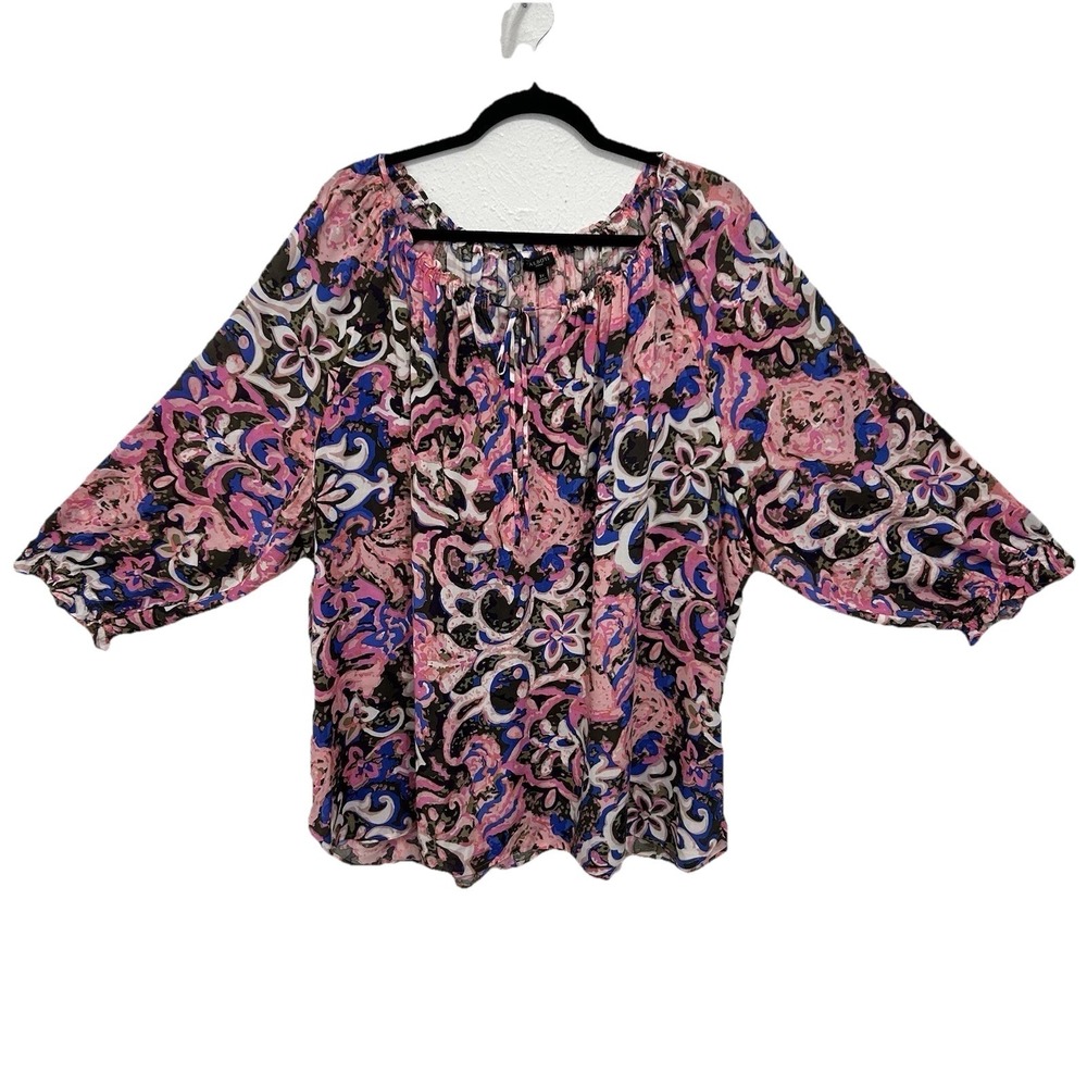 Talbots Coral Reef Tie Neck Paisley Top Peasantโ Pink Lightweight Boho Mature 3X